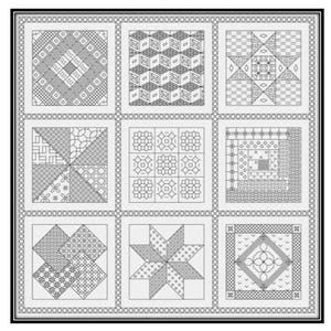 Pode incluir: Um padrão de colcha preto e branco com nove designs diferentes. Cada design é um quadrado com um padrão geométrico diferente. A colcha é emoldurada com uma borda preta.