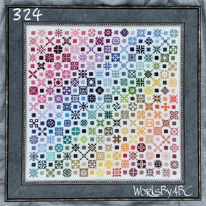 May include: A framed cross-stitch design featuring a rainbow of colours and a variety of small geometric patterns. The design is titled "324" and is signed "WorksByABC".