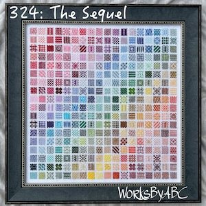 May include: A framed cross-stitch sampler with the title "324: The Sequel" and the artist's signature "WorksByABC". The sampler features a grid of colorful cross-stitch patterns.