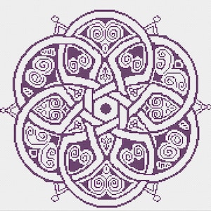 Puede incluir: Un diseño de mandala intrincado en morado y blanco, con un patrón circular de espirales y nudos.