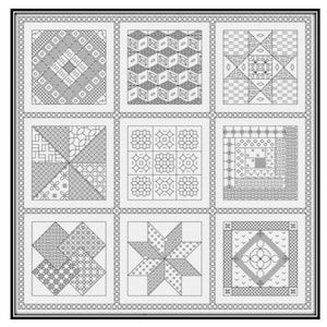 Peut inclure: Un motif de courtepointe noir et blanc avec neuf designs différents. Chaque design est un carré avec un motif géométrique différent. La courtepointe est encadrée d'une bordure noire.