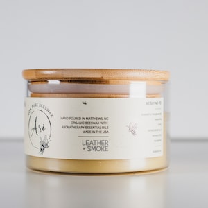 Beeswax Candle | Leather & Smoke |100% Pure Organic Beeswax candle with Essential oils + Hemp wick|8oz |Scented candle |Gift candle |Eco