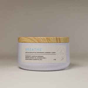 Beeswax Candle | BREATHE |100% Pure Organic Beeswax candle with Essential oils + WOODEN wick |5oz |Scented candle |Gift | Candle|Eco