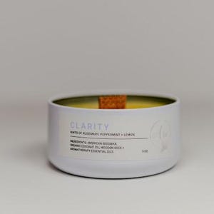 Beeswax Candle | CLARITY |100% Pure Organic Beeswax candle with Essential oils + WOODEN wick |5oz |Scented candle |Gift | Candle|Eco