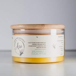 Beeswax Candle | Spearmint Eucalyptus| 100% Pure Organic Beeswax candle with essential oils +Hemp wick |8oz |Scented candle |Gift | Candle