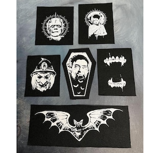 Horror Punk Patch 6er Pack: Dracula, Frankenstein, Witch - Handbedruckte Baumwollleinwand