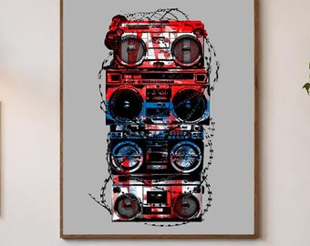 Retro Boombox Stack Poster | Matte Vertical Poster, Vintage Radio Art