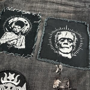 Horror punk patch bundle with classic monster graphics and creepy stencil art, designed for DIY battle vests and dark alternative style.