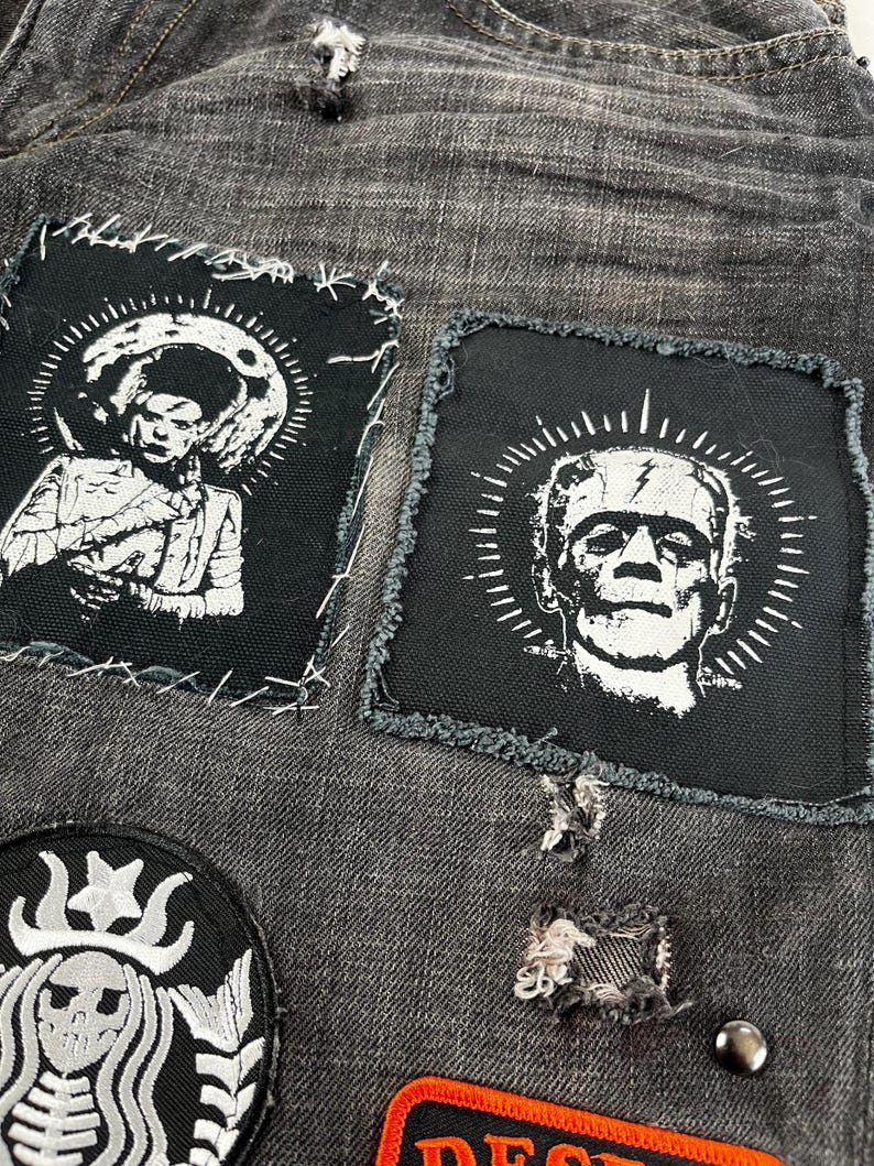 Horror punk patch bundle with classic monster graphics and creepy stencil art, designed for DIY battle vests and dark alternative style.