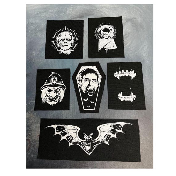 Horror Punk Patch 6-Pack: Dracula, Frankenstein, Witch - Hand-Printed Cotton Canvas