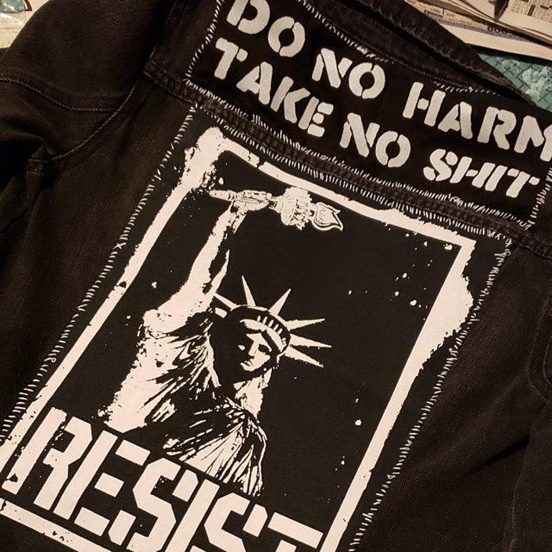 Edgy Statue of Liberty back patch for punk fashion and political expression.