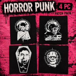 Puede incluir: Un paquete de 4 parches de tela negra con gráficos de terror impresos en blanco. Los diseños incluyen a la novia de Frankenstein, un hombre lobo, un vampiro en un ataúd y el monstruo de Frankenstein, bajo el texto HORROR PUNK.