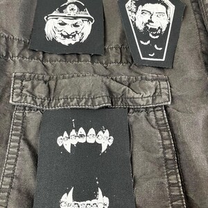 Horror punk patch bundle with classic monster graphics and creepy stencil art, designed for DIY battle vests and dark alternative style.