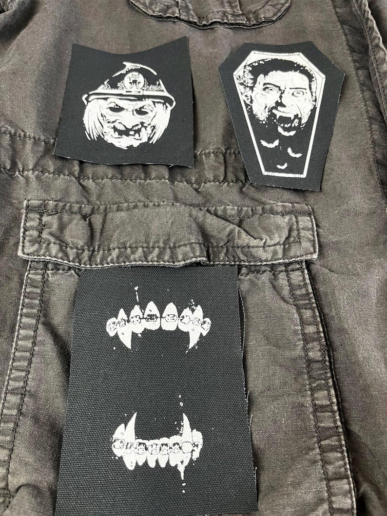 Horror punk patch bundle with classic monster graphics and creepy stencil art, designed for DIY battle vests and dark alternative style.