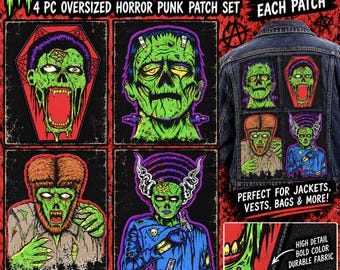 Monster Classics 4 Pc Oversized Horror Punk Patch Set, 7x9 Gothic Back Patches