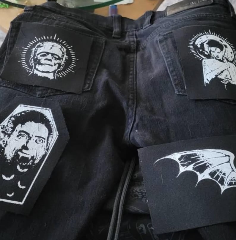 Lot de 6 écussons punk horreur : Dracula, Frankenstein, sorcière - Toile en coton imprimée à la main image 10