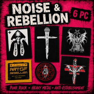 May include: A 6-piece set of embroidered patches featuring black and white designs with one yellow patch. The graphics include a person in a hat, a microphone cross, a winged figure, a radio, and a red pentagram. Text reads Noise & Rebellion.