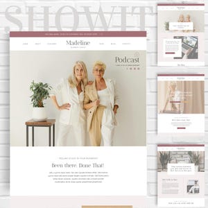 May include: Two women in white and beige clothing stand in front of a white brick wall. The woman on the left is wearing a white top and white pants. The woman on the right is wearing a beige blazer over a white top and white pants. The text "Been there. Done That!" is below the women. The text "Feeling stuck in your business?" is above the women.