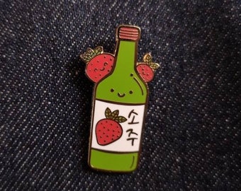 Strawberry (no stars on bottle) Korean Soju Happy Positive Gold Plated Hard Enamel Pin