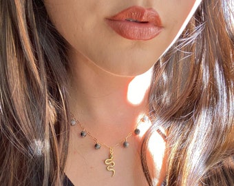 Black Labradorite with Gold Snake Charm Necklace | 14k Gold Filled Crystal Charm Necklace