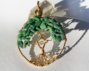 Handmade Aventurine + Clear Quartz Gemstone Tree of Life Pendant, Nature Inspired Gemstone Pendant