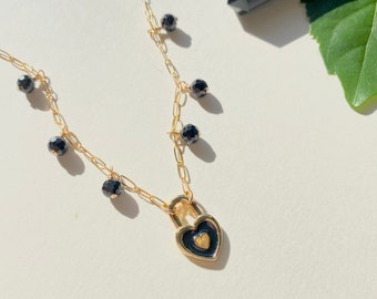 Black Spinel with Black Heart-Lock Charm Necklace | 14k Gold-filled Crystal Charm Necklace