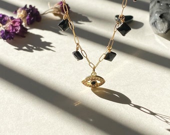 Black Obsidian Evil Eye Charm Necklace | 14k Gold Filled Charm Necklace