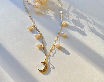 Selene Pearl & Moon Gold-Filled Charm Necklace | 14k Gold-Filled Charm Necklace