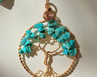 Handmade Turquoise Tree of Life Pendant | Gold Wire Wrapped Tree of Life | Nature Inspired Gemstone Pendant