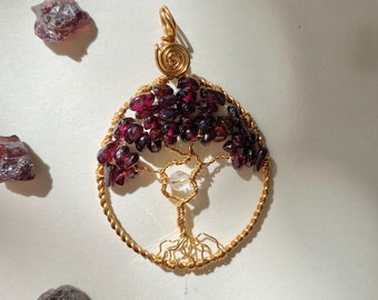 Garnet and Rose Quartz Tree of Life Pendant | Gold Wire Wrapped Gemstone Pendant