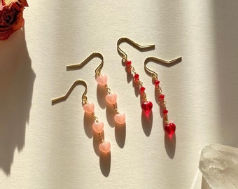 Pink Red Heart Earrings | Czech Glass bead earrings