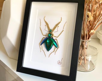 High-fashion insect embroidery in a frame