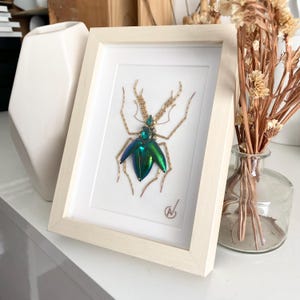 Peut inclure: Une œuvre d'art encadrée représentant un insecte en trois dimensions composé d'élytres de scarabée bleu et vert irisé, de perles dorées et de cristaux transparents. L'insecte est centré sur un fond blanc dans un cadre en bois clair.