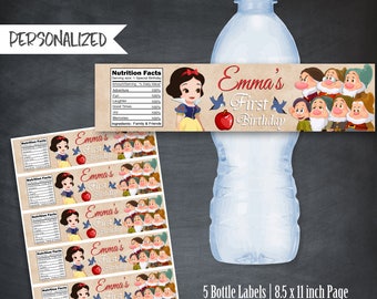 7 x Personalised Snow White /& The Seven Dwarfs Fruit Shoot Bottle Stickers Label