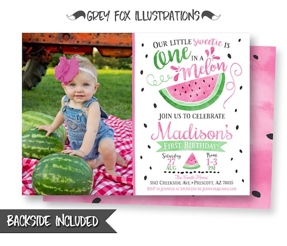 Watermelon Picture Invitation, Watermelon Birthday Invitation, Watermelon Party, One in a Melon Invitation, 1st Birthday, Digital, Printable Il_570xn