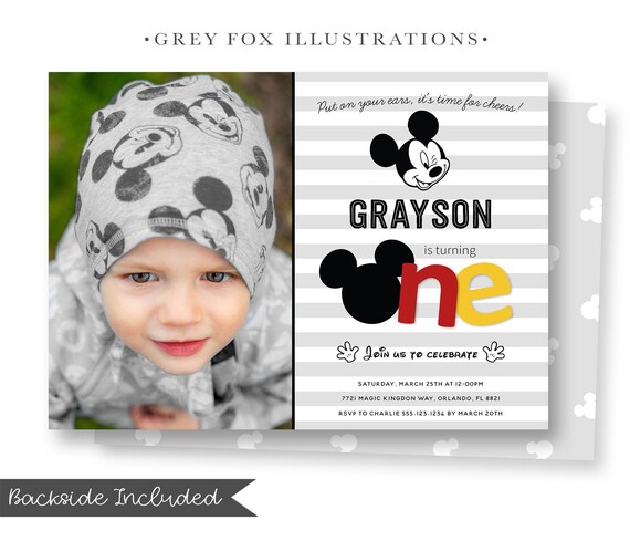 Mickey Mouse Picture Invitation, First Birthday Invitation, Modern, Mickey Invites, Classic Mickey Mouse, 1st, ONE, Personalized, Digital Il_570xn