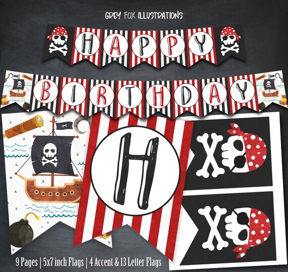 Pirate Banner, Pirate Happy Birthday Banner, Pirates Party, Pirate Ship Banner, Skull banner, Decorations, Printables, Favors, Digital, DIY Il_570xn