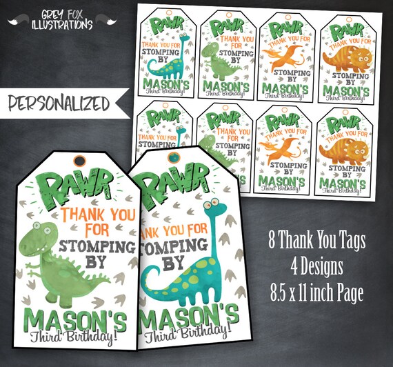 Dinosaur Thank You Tags, Dinosaur Favors, Cute Dinosaur Tags, Dinosaur Birthday, Dinosaur Party, T-Rex tags,Personalized, Printable, Digital Il_570xn