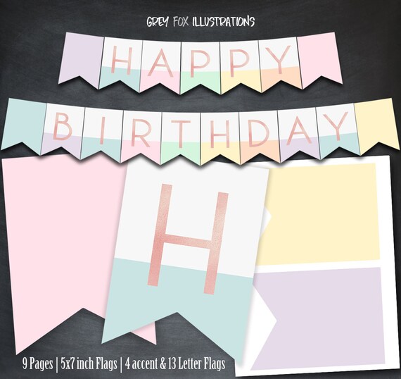 Happy Birthday Banner, Pastels Birthday Banner, Minimalist Banner,  Printables, Pastel Colors Banner, Party, Rose Gold, Banner Flags, Digital  by Greyfoxillustrations.com