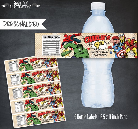 Comic Book Bottle Labels, Avengers Bottle Labels, Avengers Favors, Comic Book Juice Labels, Party, Wraps, Printables, Personalized, Digital Il_570xn
