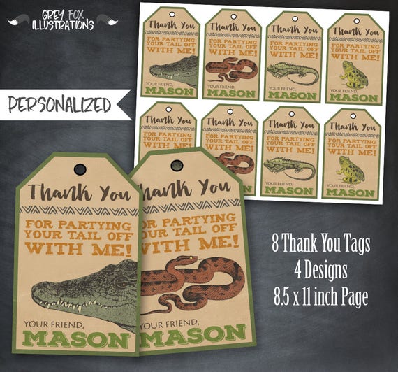 Reptile Thank You Tags, Reptile Favors, Reptile Tags, Reptile Birthday Party, Snakes, Crocodiles, Frogs, Lizard, Personalized, Printables Il_570xn
