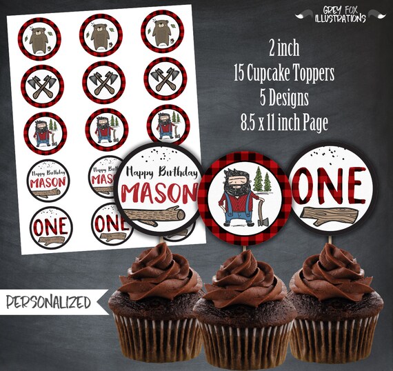 Lumberjack Cupcake Toppers, Lumberjack Favors, Lumberjack Tags, Bear, Flannel, Lumberjack Party, Personalized, Printables, Digital, DIY Il_570xn