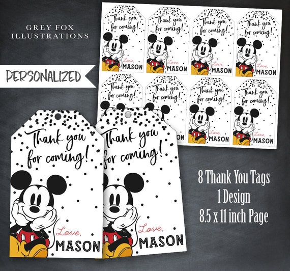 Mickey Mouse Thank You Tags, Mickey Tags, Mickey Mouse Favors, Classic Mickey Mouse, Shorts, Personalized, Printables, Digital, DIY Il_570xn