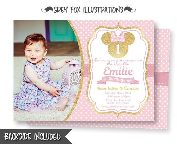 Minnie Mouse Picture Invitation, Minnie Mouse Invitation, Minnie Mouse Party, Minnie Mouse Personalized, Printables, Gold Glitter and Pink Il_570xn