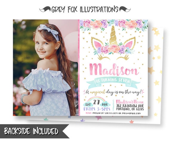 Unicorn Picture Invitation, Unicorn Birthday Invitation, Unicorn Invitations, Party, Unicorn Printables, Personalized, Rainbow Invitations Il_570xn