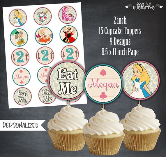 Alice in Wonderland Cupcake Toppers, Alice Tags, Birthday Favors, Wonderland Party, Birthday Favors, Personalized, Printables, Digital, DIY Il_570xn