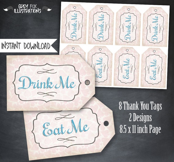 Alice in Wonderland Thank You Tags, Birthday Favors, Alice In Wonderland Party, Alice Birthday Party, Eat Me Tags, Drink Me Tags, Printables Il_570xn