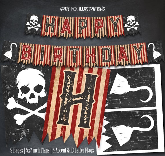 Pirate Banner, Pirate Happy Birthday Banner, Pirates Party, Pirate Ship Banner, Skull banner, Decorations, Printables, Favors, Digital, DIY Il_570xn