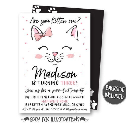 Cat Birthday Party Invitation Kitten Invitation Cat Etsy