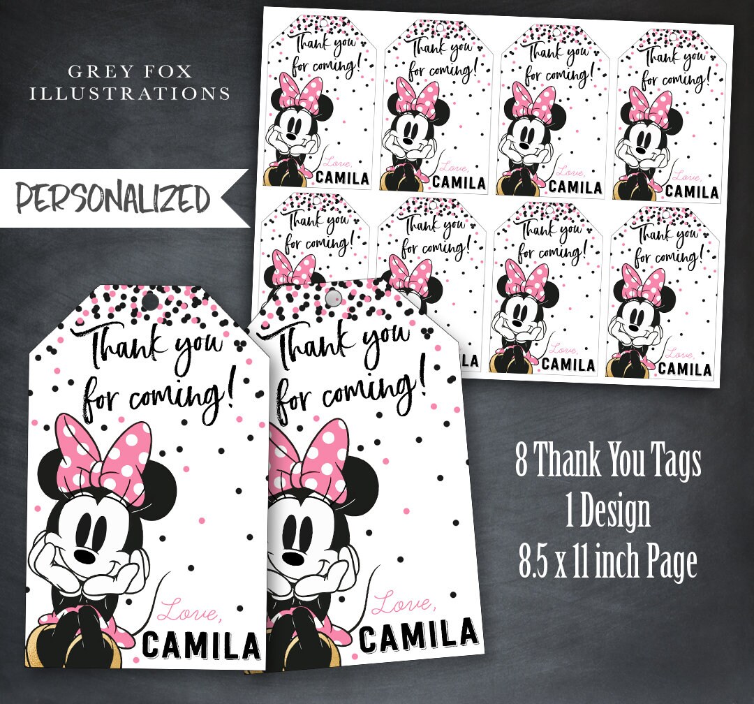 Minnie Mouse Thank You Tags, Minnie Mouse Favors, Pink and Gold Minnie Tags, Minnie Birthday Party, Pink and Gold, Personalized, Printables